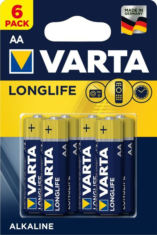 Щелочные пальчиковые батарейки VARTA Longlife AA (LR6) Alkaline, 1.5V, 6 шт. в блистере.