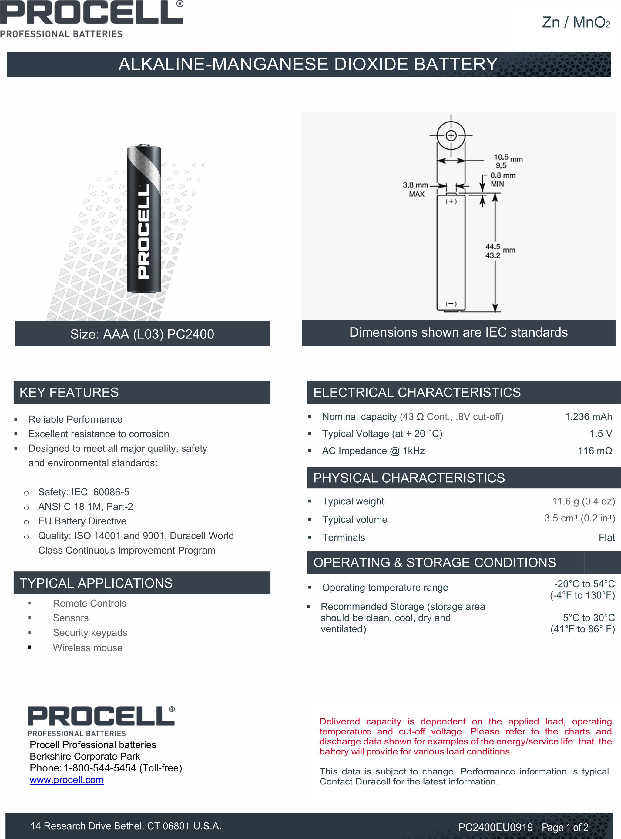 Спецификация батареек Duracell Procell AAA Alkaline.